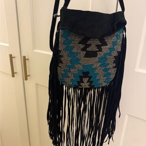 Fringe Suede Crossbody Bag with Hand-beaded design